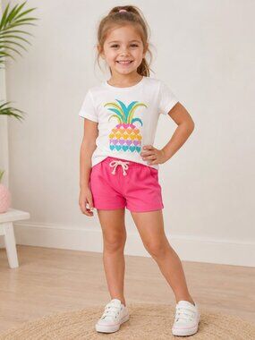 Cat & Jack Pineapple Graphic 2pc Short Set White Pink XS Size 4/5